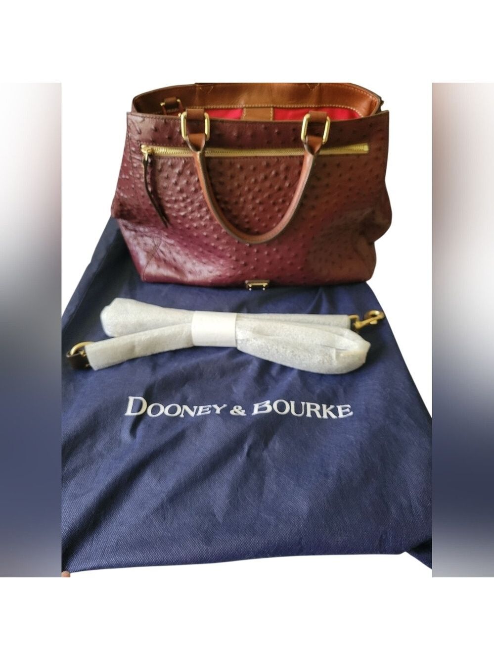 Dooney & Bourke Red Brow Ostrich Textured Leather Tote Bag Crossbody